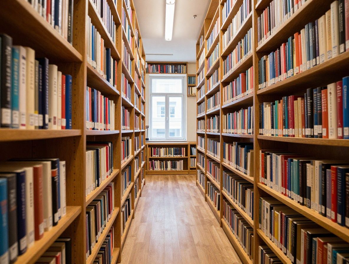 Biblioteka z półkami pełnymi książek, światło przebijające się przez okna, tworząc atmosferę nauki i wiedzy