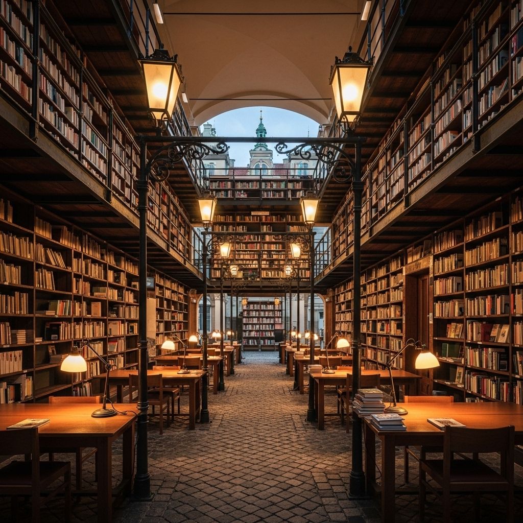 Otwarta biblioteka akademicka w Warszawie, wysokie regały z książkami po obu stronach korytarza, ciepłe lampowe oświetlenie tworzy głębokie cienie, atmosfera wiedzy i eksploracji intelektualnej