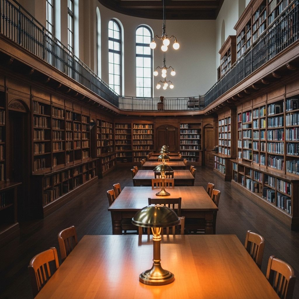 Otwarta przestrzeń biblioteczna z rzędami półek pełnych książek, ciepłe lampy stołowe i drewniane stoły, sugerująca środowisko nauki i odkrywania wiedzy