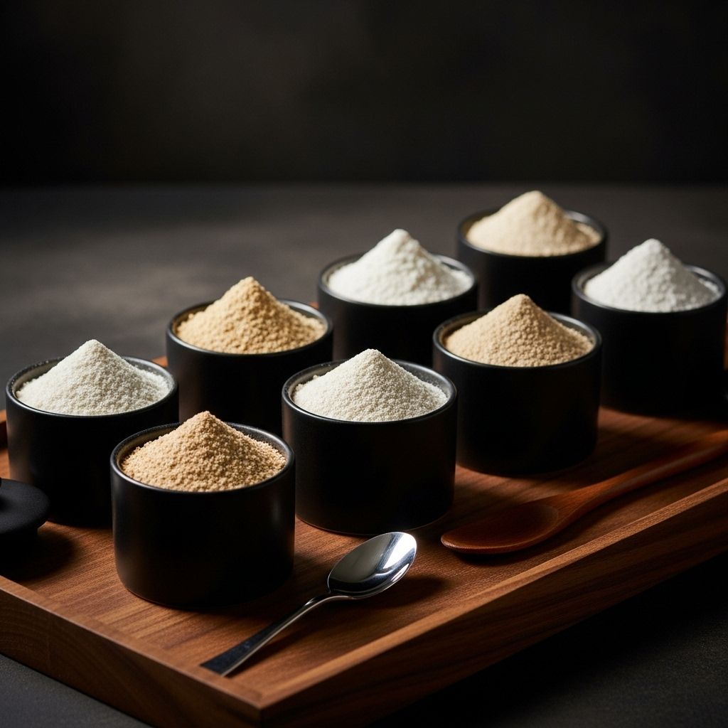 Zbliżenie na drewnianą tacę z pojemnikami ze sproszkowanymi suplementami w różnych odcieniach beżu i bieli, łyżki i szpatułki, na ciemnym tle z głębokimi cieniami