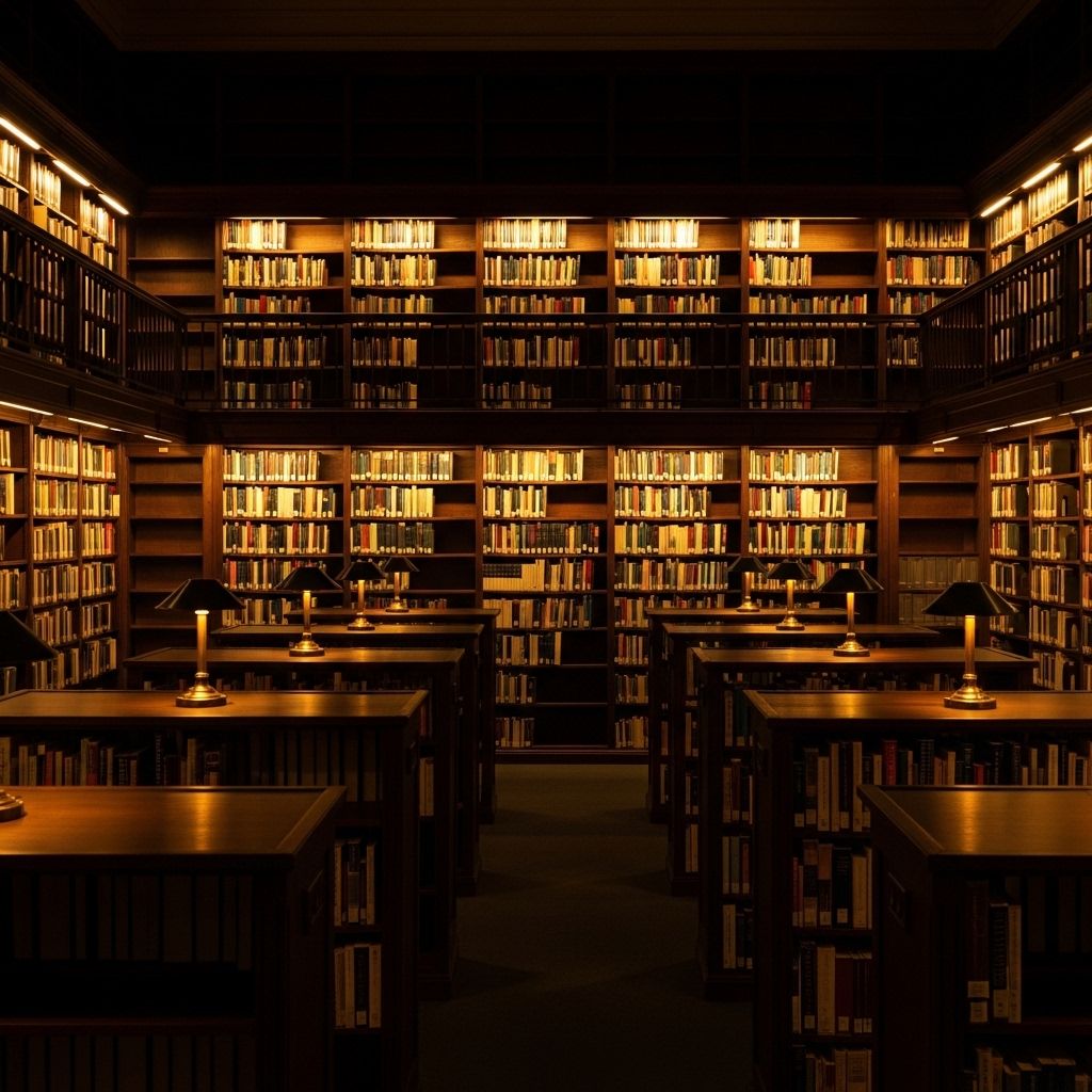 Otwarta biblioteka akademicka z wysokimi półkami wypełnionymi książkami, ciepłe lampowe oświetlenie tworzy dramatyczny kontrast między ciemnym drewnem a złotymi grzbietami ksiąg, atmosfera refleksji i badań naukowych