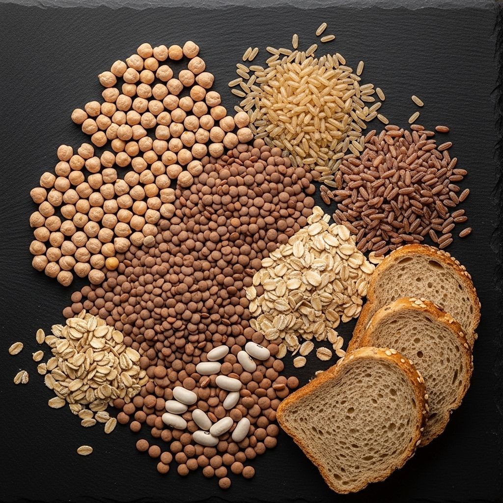 Różnorodne produkty pełnoziarniste i rośliny strączkowe rozłożone na ciemnej powierzchni – ciecierzyca, soczewica, brązowy ryż, owies i pełnoziarnisty chleb w ciepłym naturalnym świetle studyjnym